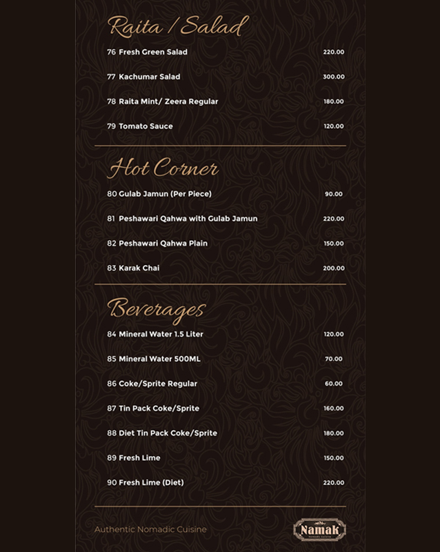 Namak Restaurant menu