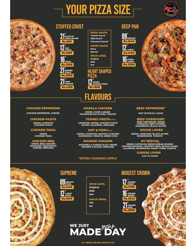 New Yorker Pizza menu
