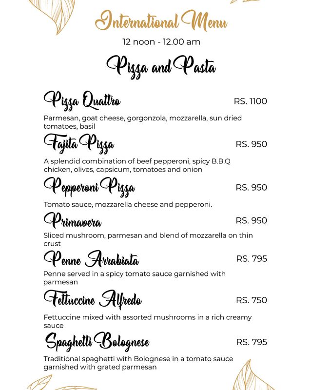 Nine Tree Luxury Hotel & Suites menu