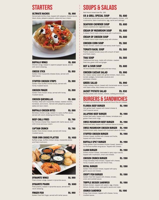 Ox & Grill Steakhouse menu