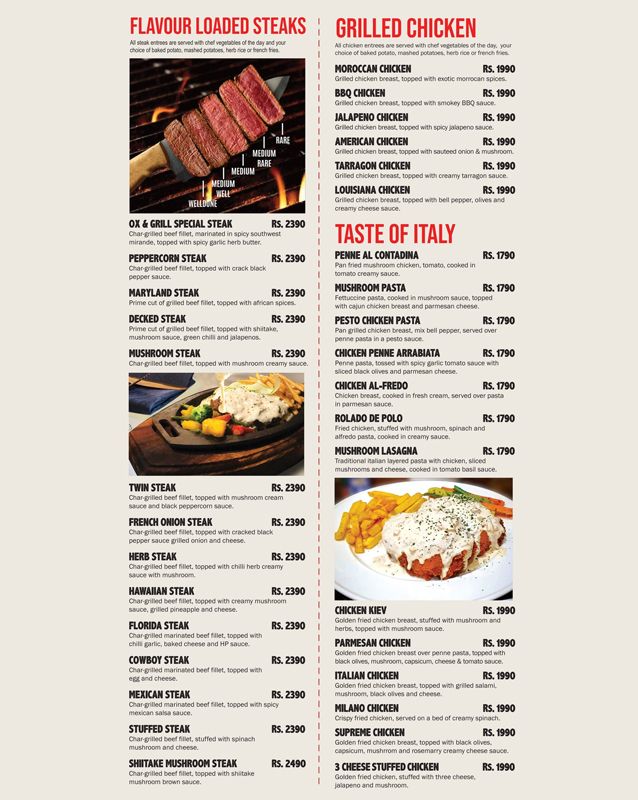 Ox & Grill Steakhouse menu