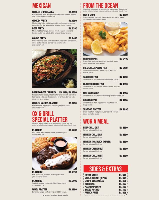 Ox & Grill Steakhouse menu