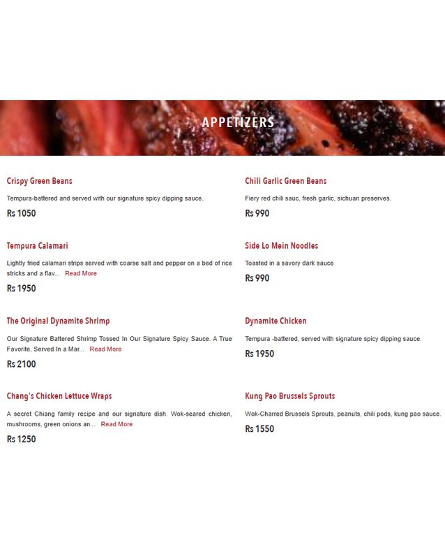P.F. Chang's Pakistan menu