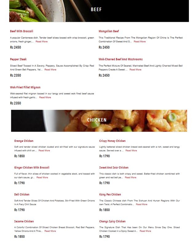 P.F. Chang's Pakistan menu