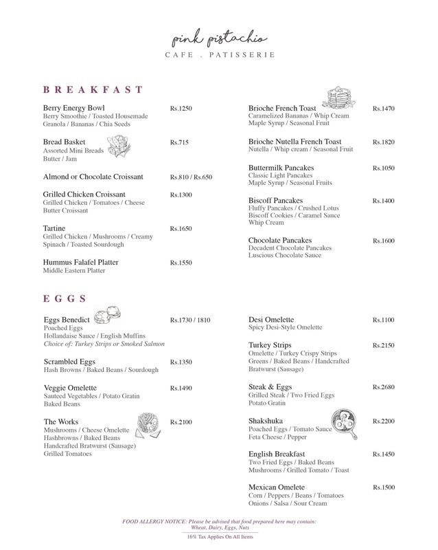 Pink Pistachio menu