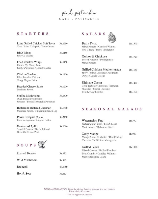 Pink Pistachio menu