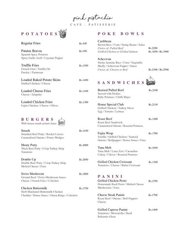 Pink Pistachio menu