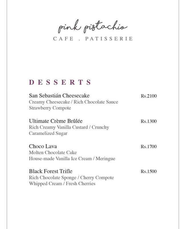 Pink Pistachio menu