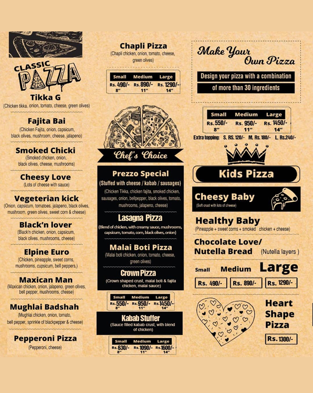 Prezzo Foods menu