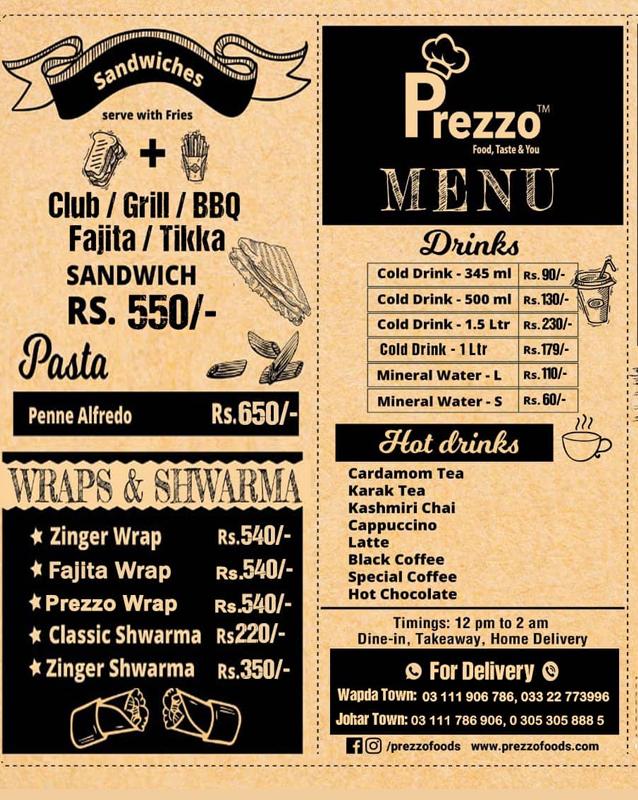 Prezzo Foods menu