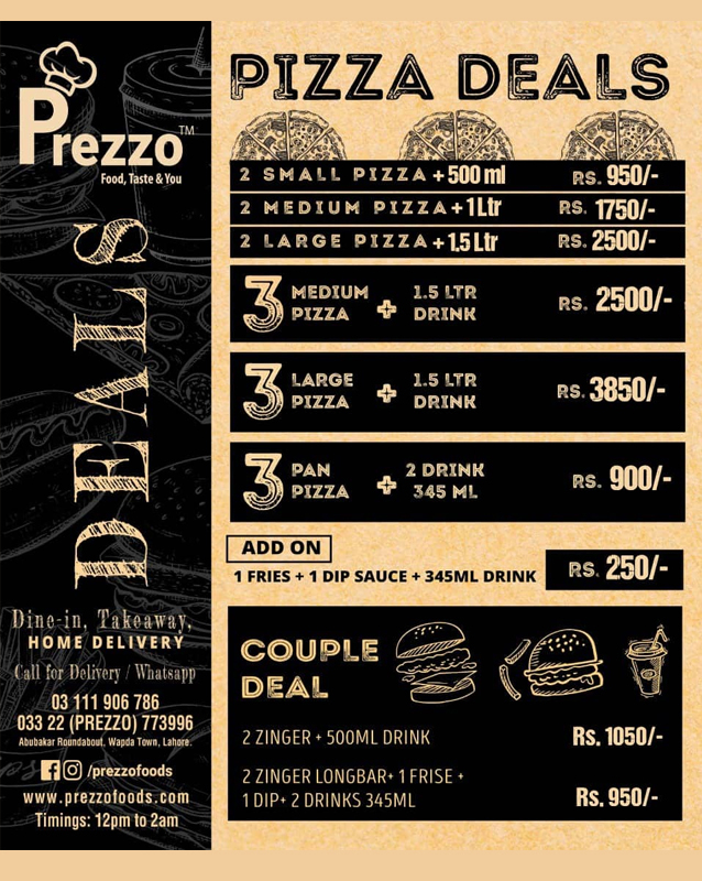 Prezzo Foods menu