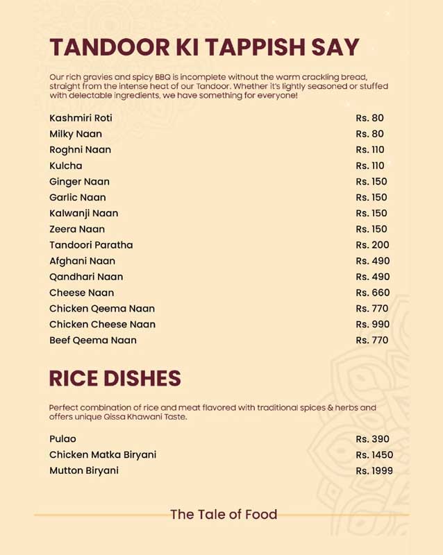 Qissa Khawani menu