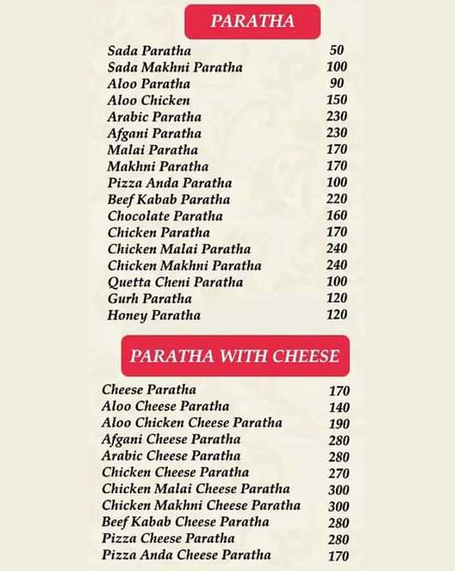 Quetta Chai Paratha menu