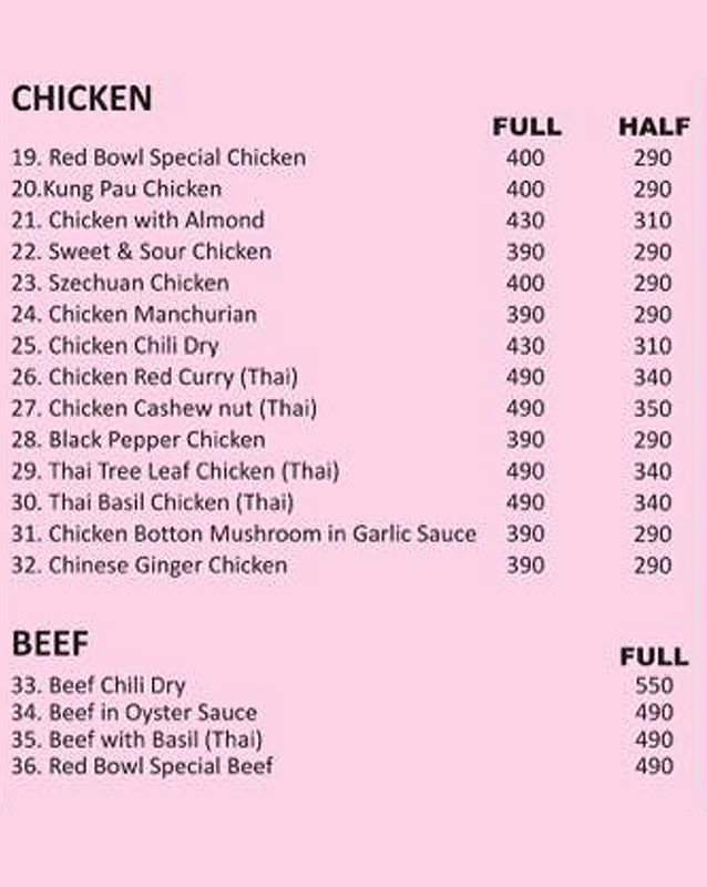 Red Bowl menu