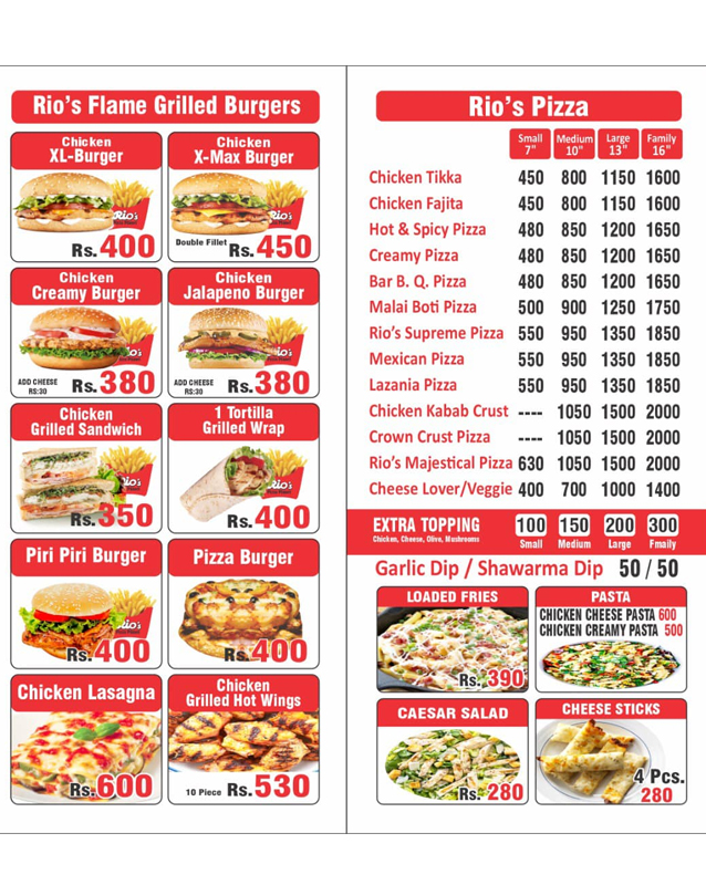 Rio's Pizza Planet menu