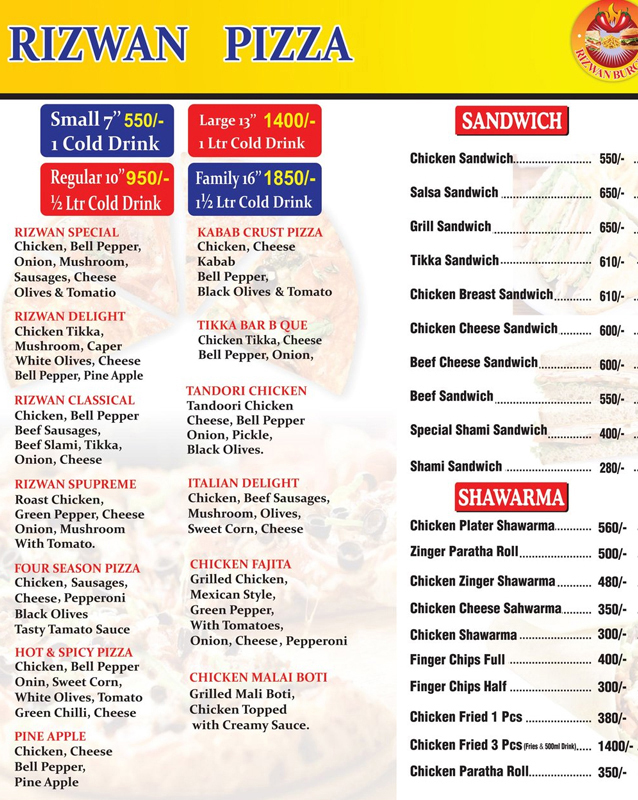 Rizwan Burger menu