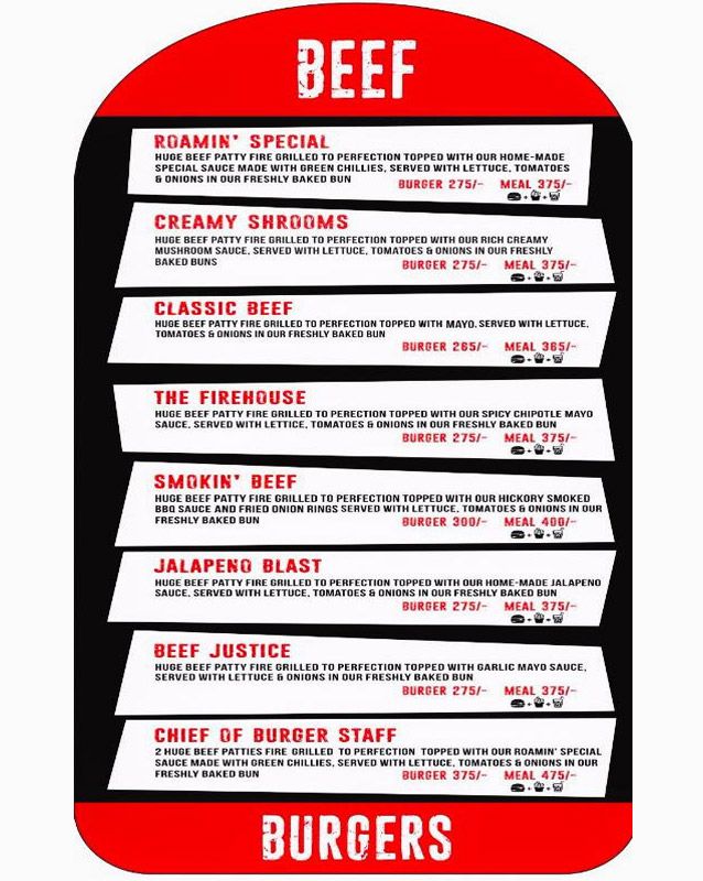 Roamin' Burgers menu