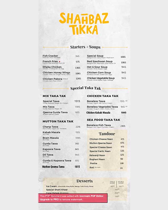 Shahbaz Tikka menu