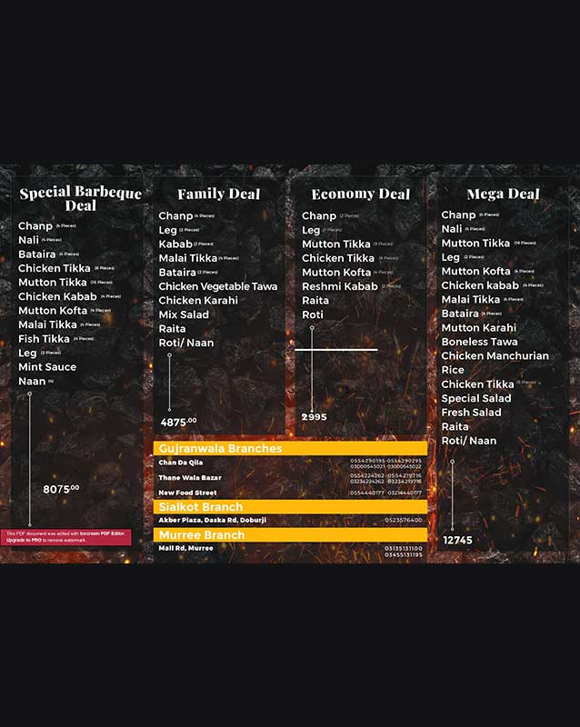 Shahbaz Tikka menu