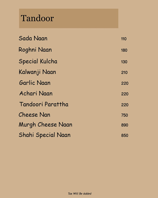 Shahi Bawarchi Khana menu