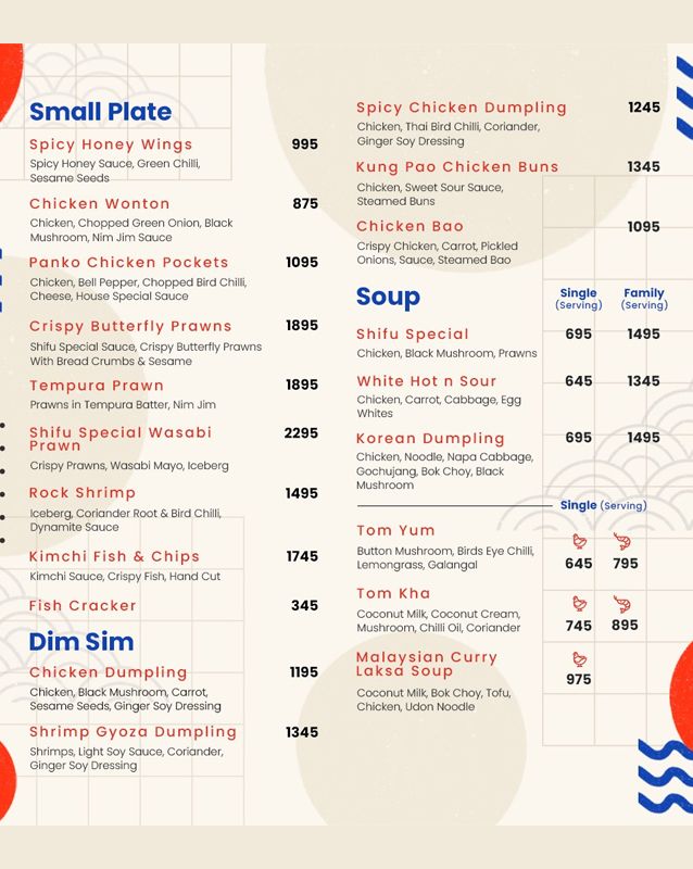 Shifu Pan Asian Kitchen menu