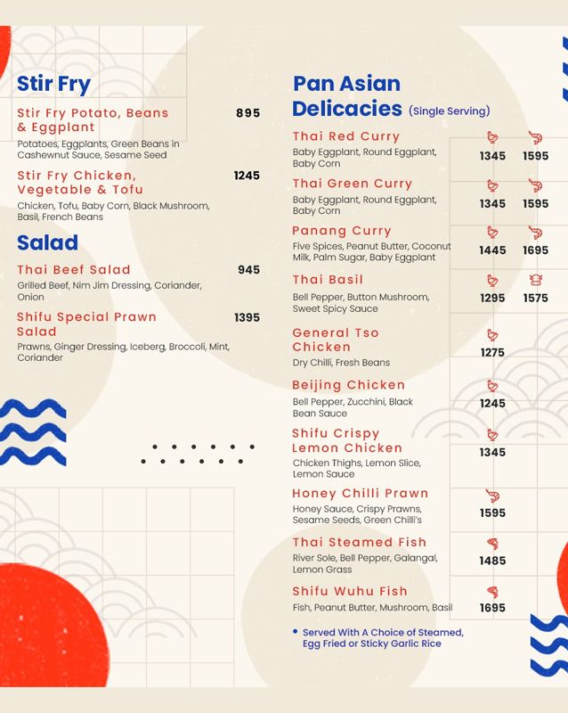 Shifu Pan Asian Kitchen menu
