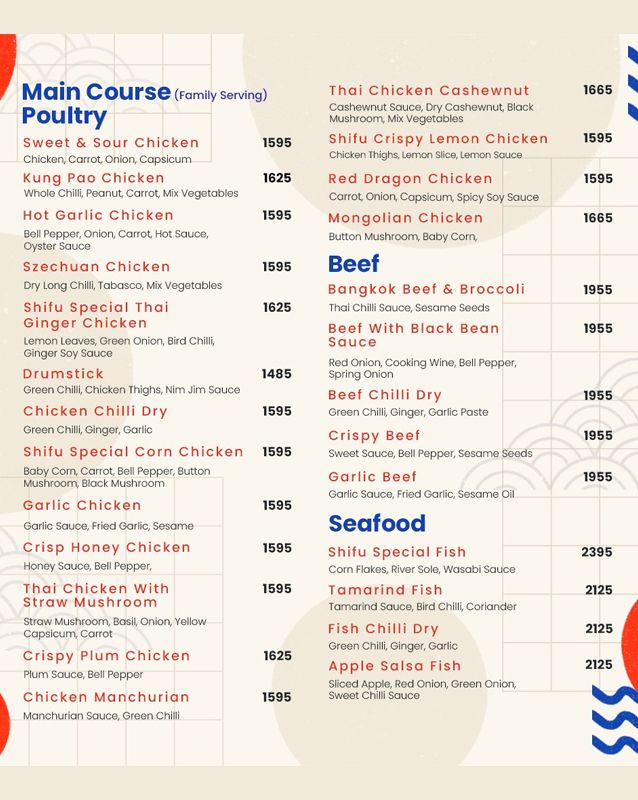 Shifu Pan Asian Kitchen menu