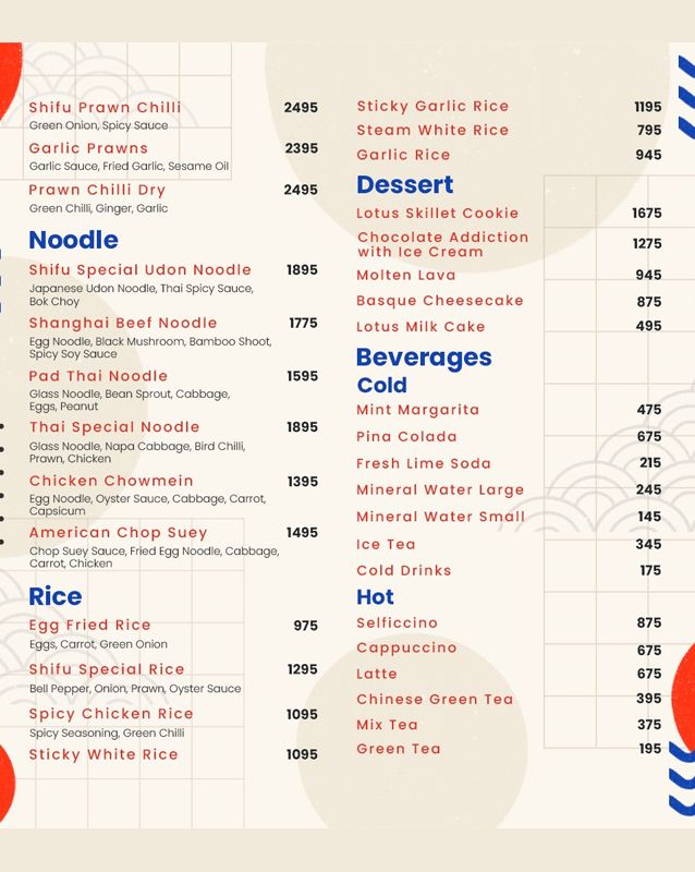 Shifu Pan Asian Kitchen menu
