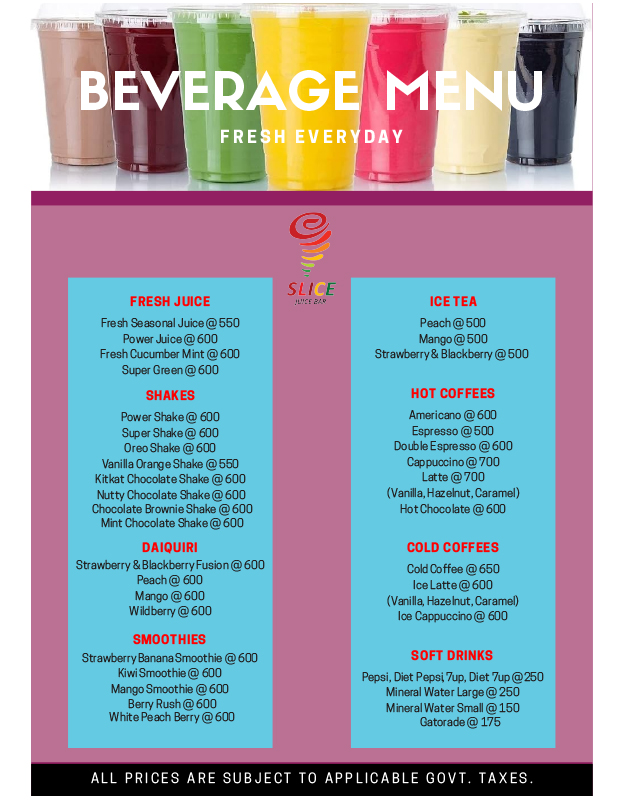 Slice Juice & Ice-cream Bar - Defence Raya Golf & Country Club menu