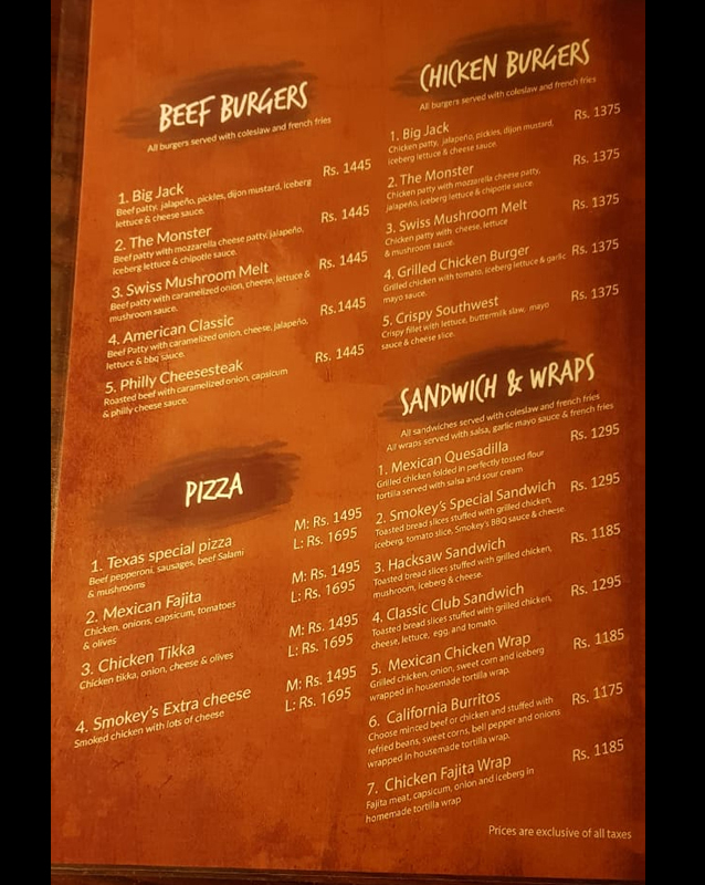 Smokey's Texas Grill menu