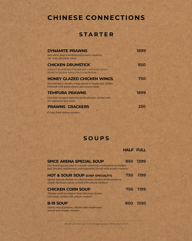 Spice Arena menu