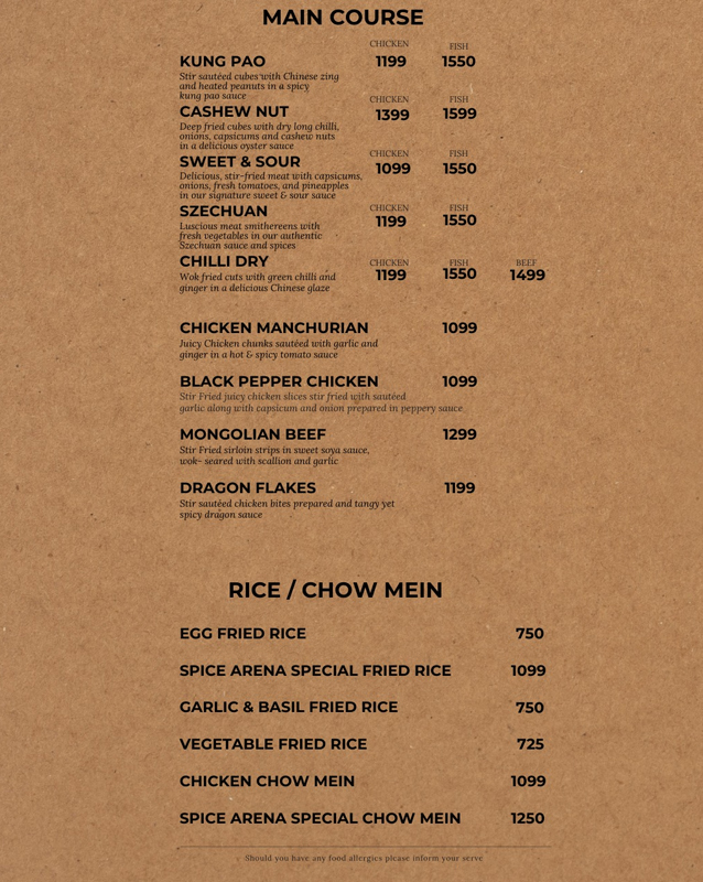 Spice Arena menu