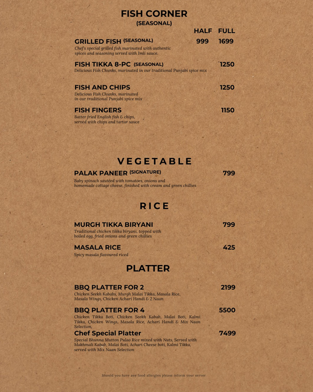 Spice Arena menu