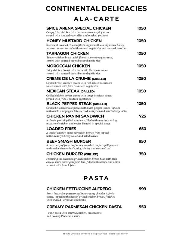 Spice Arena menu