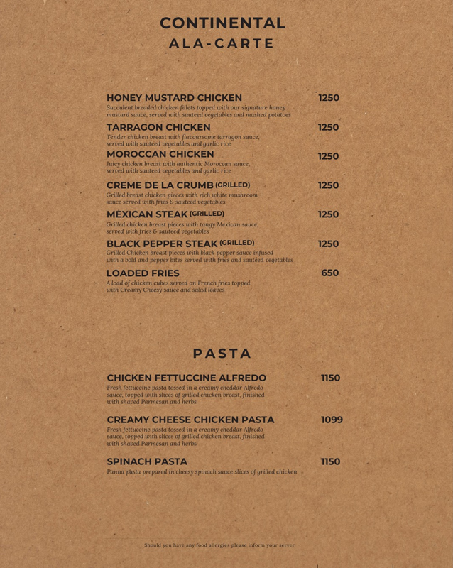 Spice Arena menu