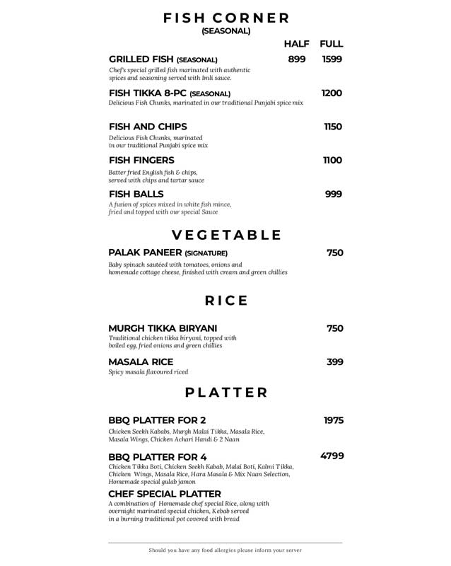 Spice Arena menu