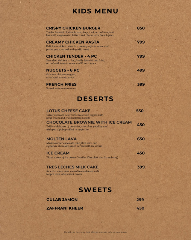 Spice Arena menu