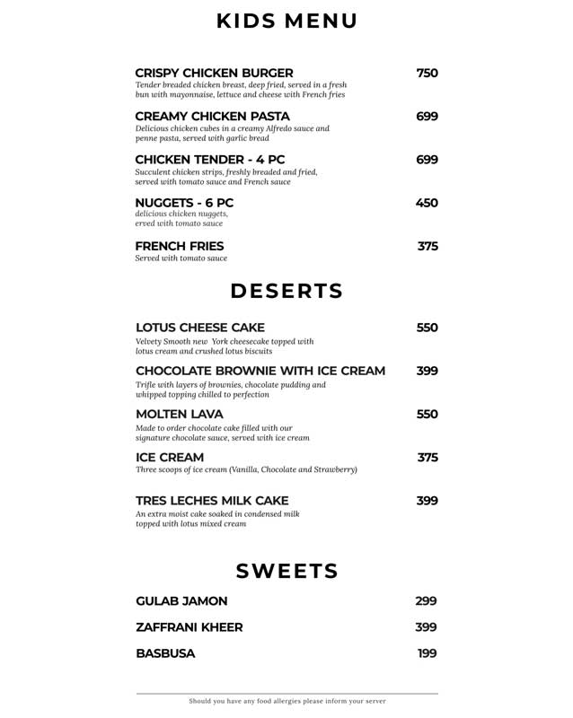 Spice Arena menu