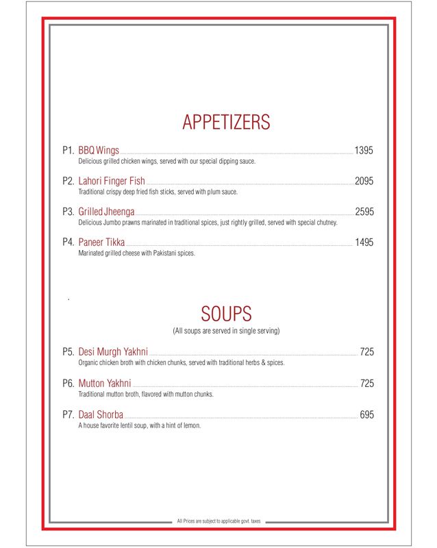 Spice Bazaar menu