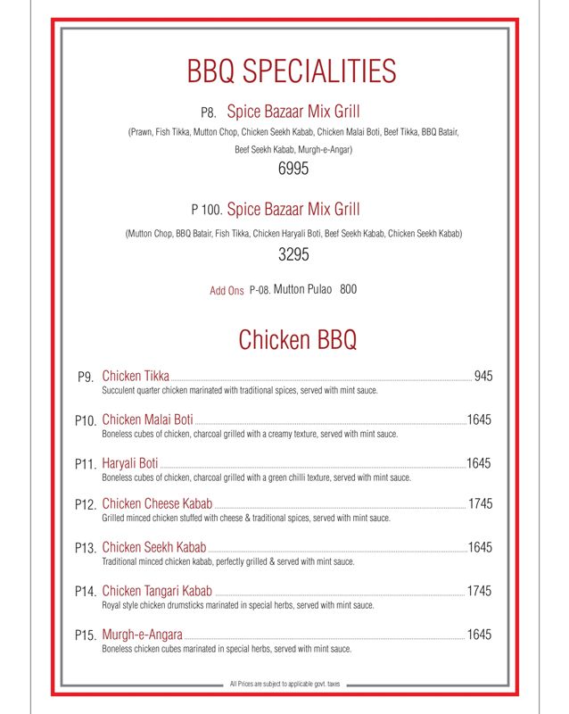 Spice Bazaar menu
