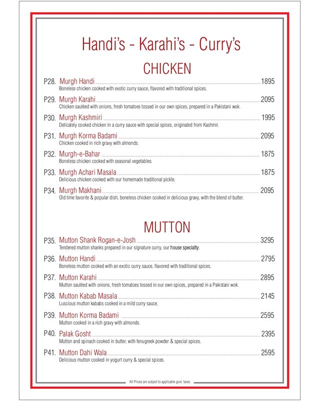 Spice Bazaar menu