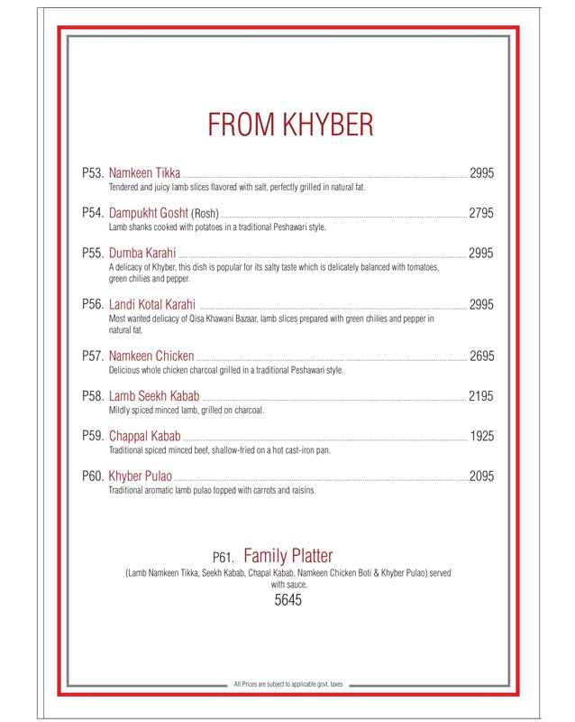 Spice Bazaar menu