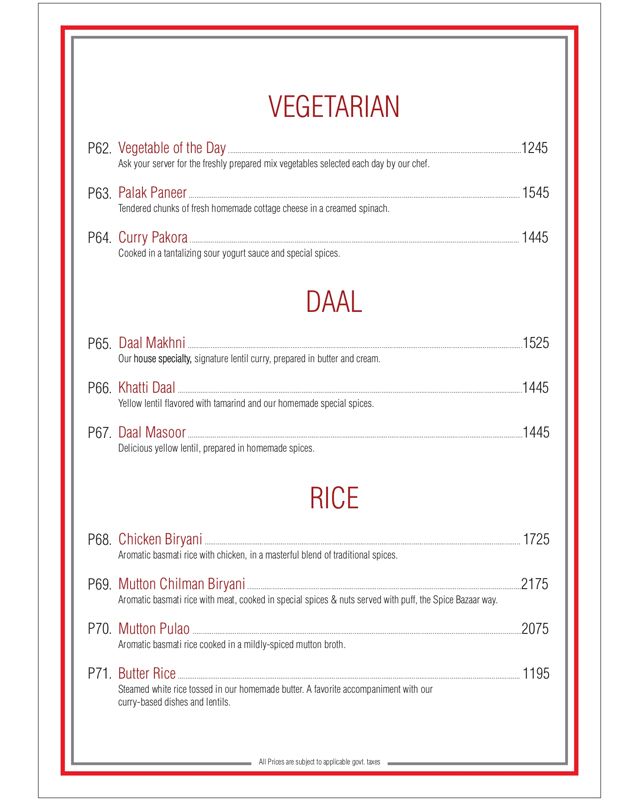Spice Bazaar menu