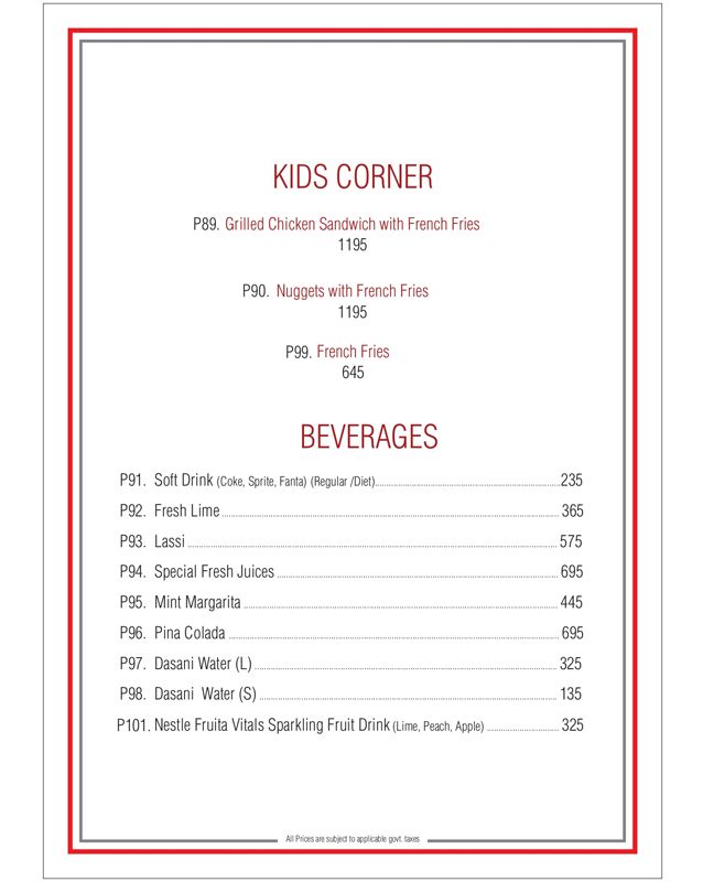 Spice Bazaar menu