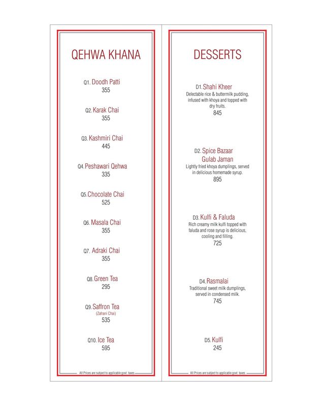 Spice Bazaar menu