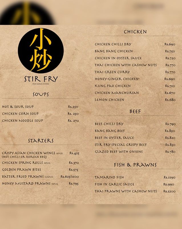Stir Fry menu