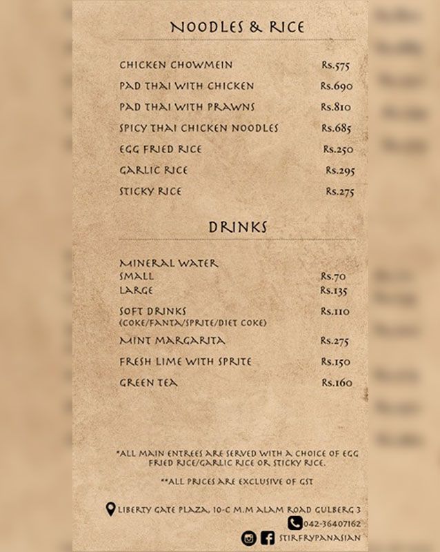 Stir Fry menu