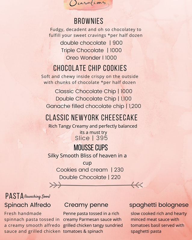 Sweet Sensations menu