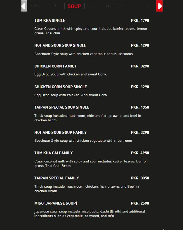 Tai-Pan menu