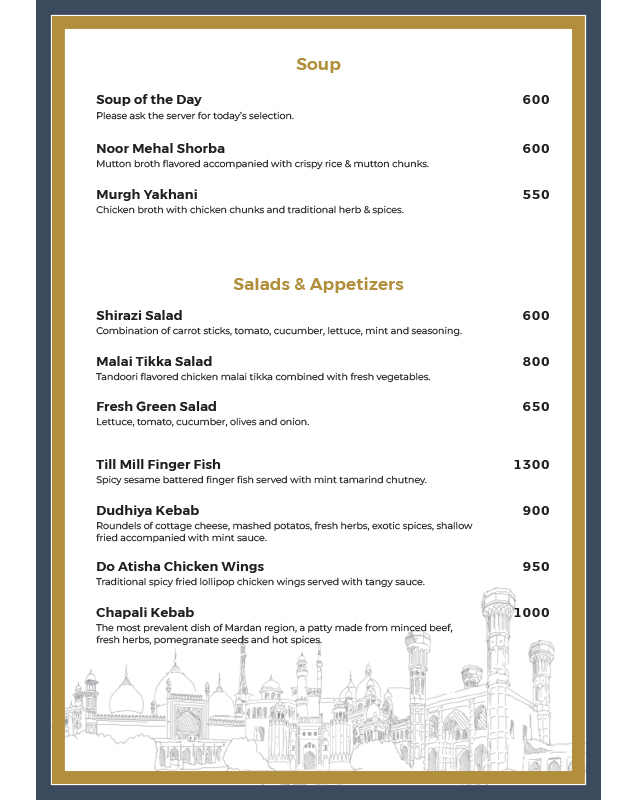 Takht-e-Lahore - Defence Raya Golf & Country Club menu